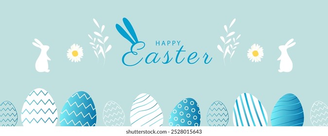 Happy Easter banner. Trendy Easter design with typography, eggs, bunny ears, in pastel colors. Modern minimal style. Horizontal poster, greeting card, header for website