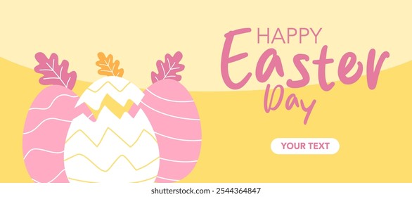 Happy Easter banner. Trendy Easter design with typography, leaves, hand painted strokes and dots, eggs, bunny ears in yellow colors. Modern minimal style for poster, greeting card, social media