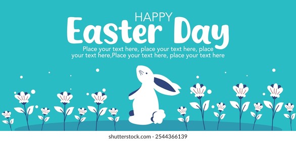 Happy Easter banner. Trendy Easter design with typography, bunny ears, flowers, copy space in turquoise colors background. Modern minimal style for horizontal poster, greeting card, social media, web