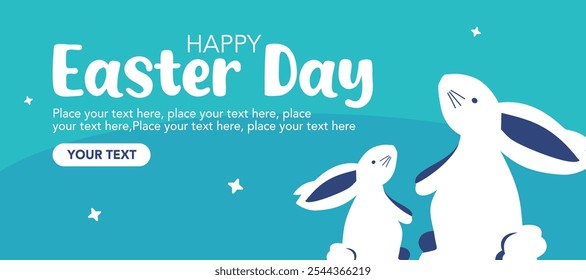 Happy Easter banner. Trendy Easter design with typography, bunny ears, copy space for text in turquoise colors background. Modern minimal style for horizontal poster, greeting card, social media, web