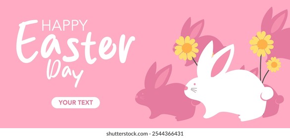 Happy Easter banner. Trendy Easter design with flowers, typography, eggs, bunny ears in pink colors background. Modern minimal style for horizontal poster, greeting card, social media