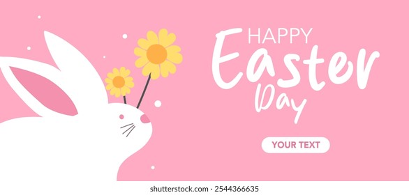 Happy Easter banner. Trendy Easter design with flowers, typography, eggs, bunny ears illustration in pink colors background. Modern minimal style for horizontal poster, greeting card, social media