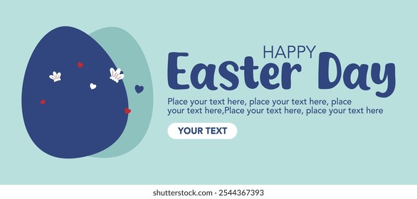 Happy Easter banner. Trendy Easter design with typography, eggs, flowers, copy space for text in pastel color background. Modern minimal style for horizontal poster, greeting card, social media, web