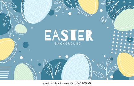 Happy Easter banner. Trendy Easter design with typography, eggs in pastel colors. Modern minimal style. Horizontal poster, greeting card, header for website.