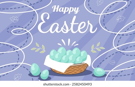 Happy Easter banner. Trendy Easter design with typography, eggs in pastel colors. Modern minimal style. Horizontal poster, greeting card, header for website.