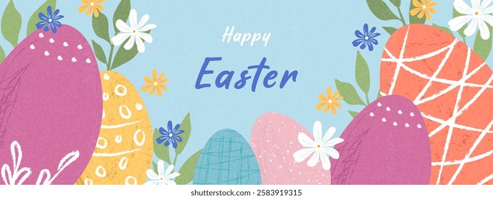 Happy Easter banner. Trendy Easter design with typography and hand painted Easter eggs. Vector.