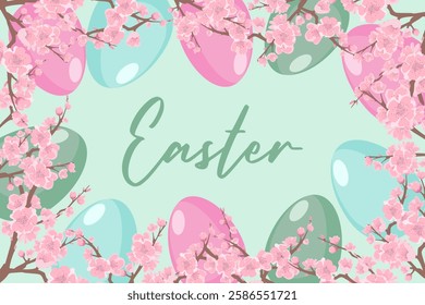 Happy Easter banner. Trendy Easter design with Easter eggs in pastel colors. Modern minimalist style.