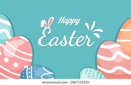 Happy Easter banner. Trendy Easter design with typography, eggs in pastel colors. Modern minimal style. Horizontal poster, greeting card, header for website.