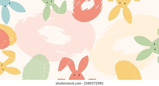 Happy Easter banner. Trendy Easter design with typography, hand painted strokes and dots, eggs, bunny ears, in pastel colors. Modern minimal style. vector