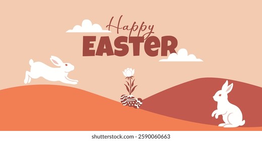 Happy Easter banner. Trendy Easter design with typography, bunnies, eggs in pastel colors. Modern minimal style. Horizontal poster, greeting card, header for website.