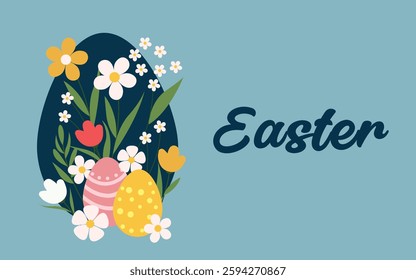 Happy Easter banner. Trendy Easter design with typography and eggs. Modern minimal style. Horizontal poster, greeting card, header for website