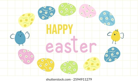 Happy Easter banner. Trendy easter design with typography, with flowers, eggs, chicken in pastel colors. minimalist style. Horizontal poster, card, header for website Vector