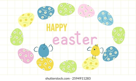 Happy Easter banner. Trendy easter design with typography, with flowers, eggs, chicken in pastel colors. minimalist style. Horizontal poster, card, header for website Vector