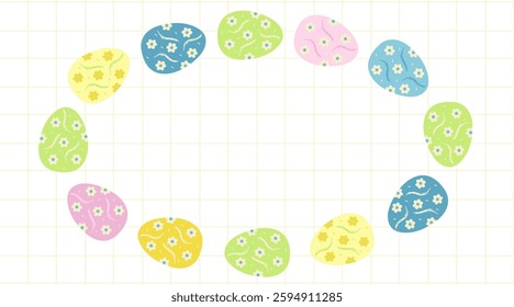 Happy Easter banner. Trendy easter design with typography, with flowers, eggs, chicken in pastel colors. minimalist style. Horizontal poster, card, header for website Vector