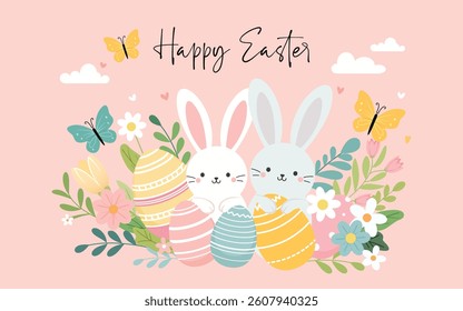 Happy Easter banner. Trendy Easter design with typography, bunny and eggs. Modern minimal style. Horizontal poster, greeting card, header for website