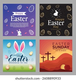 Happy Easter banner. Trendy Easter design with typography, hand painted strokes and dots, eggs and bunny ears. Modern minimal style.
