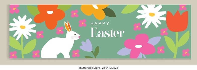 Happy Easter banner. Trendy Easter design with typography, hand painted flowers, eggs, chick and bunny in pastel colors. Modern minimal style. Horizontal poster, greeting card, header for web website