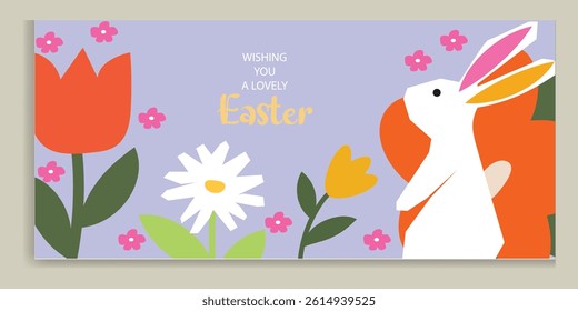 Happy Easter banner. Trendy Easter design with typography, hand painted flowers, eggs, chick and bunny in pastel colors. Modern minimal style. Horizontal poster, greeting card, header for web website