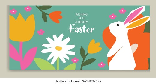Happy Easter banner. Trendy Easter design with typography, hand painted flowers, eggs, chick and bunny in pastel colors. Modern minimal style. Horizontal poster, greeting card, header for web website