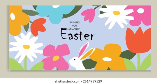 Happy Easter banner. Trendy Easter design with typography, hand painted flowers, eggs, chick and bunny in pastel colors. Modern minimal style. Horizontal poster, greeting card, header for web website