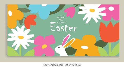 Happy Easter banner. Trendy Easter design with typography, hand painted flowers, eggs, chick and bunny in pastel colors. Modern minimal style. Horizontal poster, greeting card, header for web website