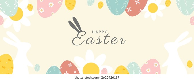 Happy Easter banner. Trendy Easter design with typography, eggs, bunny ears, in pastel colors. Modern minimal style. Horizontal poster, greeting card, header for website