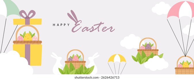 Happy Easter banner. Trendy Easter design with typography, eggs, bunny ears, in pastel colors. Modern minimal style. Horizontal poster, greeting card, header for website