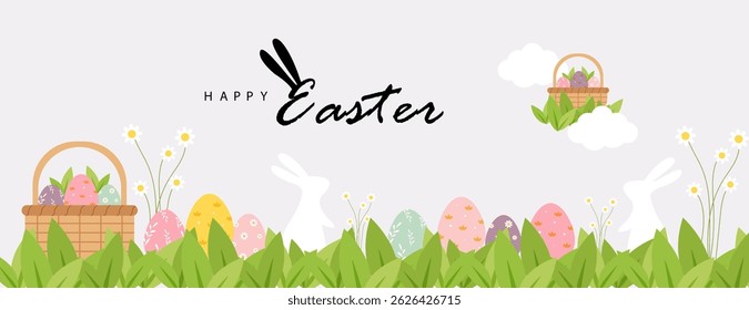 Happy Easter banner. Trendy Easter design with typography, eggs, bunny ears, in pastel colors. Modern minimal style. Horizontal poster, greeting card, header for website
