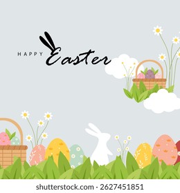 Happy Easter banner. Trendy Easter design with typography, eggs, bunny ears, in pastel colors. Modern minimal style. Horizontal poster, greeting card, header for website