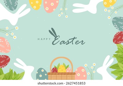 Happy Easter banner. Trendy Easter design with typography, eggs, bunny ears, in pastel colors. Modern minimal style. Horizontal poster, greeting card, header for website