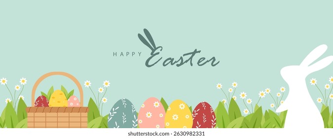 Happy Easter banner. Trendy Easter design with typography, eggs, bunny ears, in pastel colors. Modern minimal style. Horizontal poster, greeting card, header for website