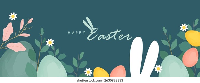 Happy Easter banner. Trendy Easter design with typography, eggs, bunny ears, in pastel colors. Modern minimal style. Horizontal poster, greeting card, header for website
