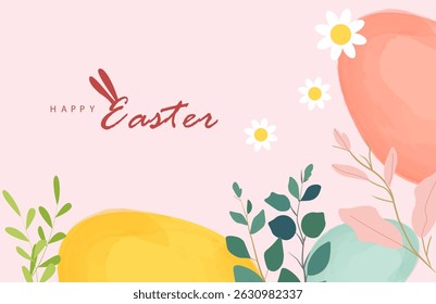 Happy Easter banner. Trendy Easter design with typography, eggs, bunny ears, in pastel colors. Modern minimal style. Horizontal poster, greeting card, header for website