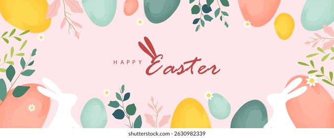 Happy Easter banner. Trendy Easter design with typography, eggs, bunny ears, in pastel colors. Modern minimal style. Horizontal poster, greeting card, header for website