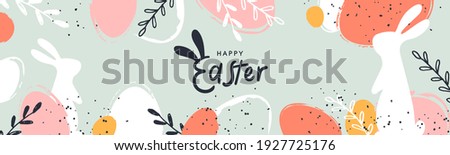 Happy Easter banner. Trendy Easter design with typography, hand painted strokes and dots, eggs and bunny in pastel colors. Modern minimal style. Horizontal poster, greeting card, header for website Сток-фото © 
