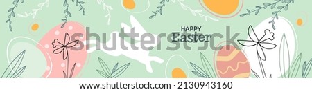 Happy Easter banner. Trendy Easter design in pastel colors. Modern minimal style with hand drawn leaves, eggs and plants. Best for invitations, greeting cards and advertising needs. Vector illustratio
