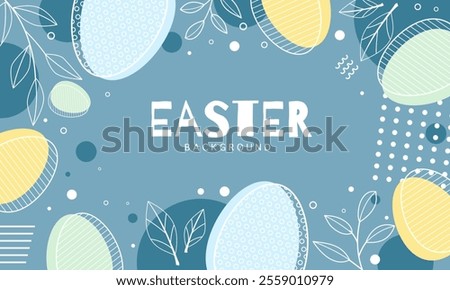 Happy Easter banner. Trendy Easter design with typography, eggs in pastel colors. Modern minimal style. Horizontal poster, greeting card, header for website.