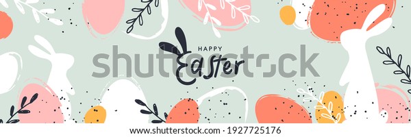 Happy Easter banner. Trendy Easter design with\
typography, hand painted strokes and dots, eggs and bunny in pastel\
colors. Modern minimal style. Horizontal poster, greeting card,\
header for website