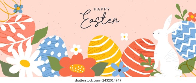 Happy Easter banner. Trendy modern Easter design with hand of drawn eggs and spring flowers, bunny. Horizontal poster, greeting card, web header.