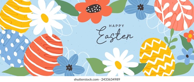 Happy Easter banner. Trendy modern Easter design with border frame hand of drawn eggs and spring flowers. Horizontal poster, greeting card, web header.