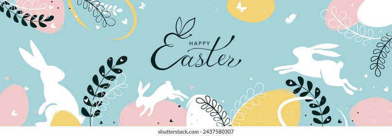 Banner de Pascua Feliz en colores pastel retro de moda. Póster de caza de huevos de Pascua con tipografía caligráfica, huevos pintados a mano, conejito de Pascua y plantas. Tarjeta de felicitación del vector del estilo mínimo moderno 