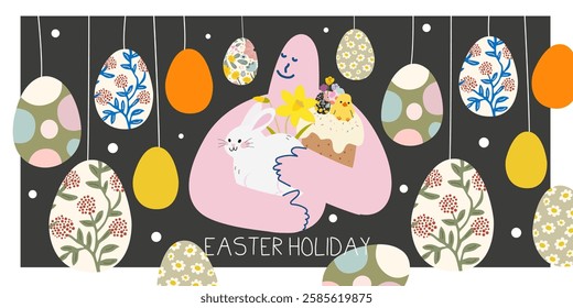 Happy Easter banner in trendy retro cartoon style. Easter egg hunt poster with typography, eggs, pink cartoon character hugging a white rabbit and Easter cake. Vector greeting card