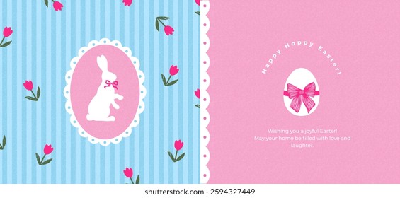 Happy Easter banner with typography,  hand drawn spring flowers, egg and Easter bunny. Modern vector designe template for greeting card, horizontal poster, promo, sale, ads, web