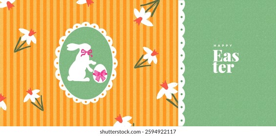 Happy Easter banner with typography,  hand drawn spring flowers, egg and Easter bunny. Modern vector designe template for greeting card, horizontal poster, promo, sale, ads, web