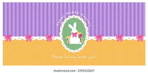Happy Easter banner with typography,  hand drawn spring flowers, egg and Easter bunny. Modern vector designe template for greeting card, horizontal poster, promo, sale, ads, web