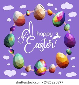 Happy Easter banner with variety of egg in low poly design easter egg on bright purple background