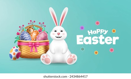 Happy Easter banner. Happy Easter Vector Background with Colorful Eggs and Cute Easter Bunny. Happy Easter Text, beautiful flowers, colorful eggs, and a cute bunny. Egg hunting Banner. 