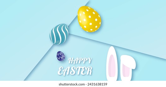 Happy Easter banner. Vector design with typography, little chicken, colorful eggs and bunny. Modern minimal style. Vector poster, greeting card or header for website 