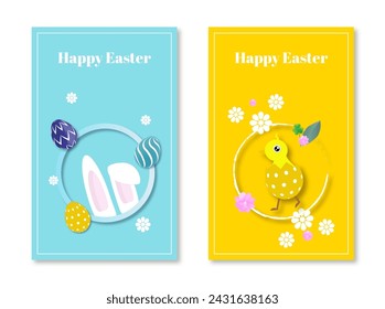 Happy Easter banner. Vector design with typography, little chicken, colorful eggs and bunny. Modern minimal style. Vector poster, greeting card or header for website 