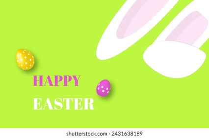 Happy Easter banner. Vector design with typography, little chicken, colorful eggs and bunny. Modern minimal style. Vector poster, greeting card or header for website 